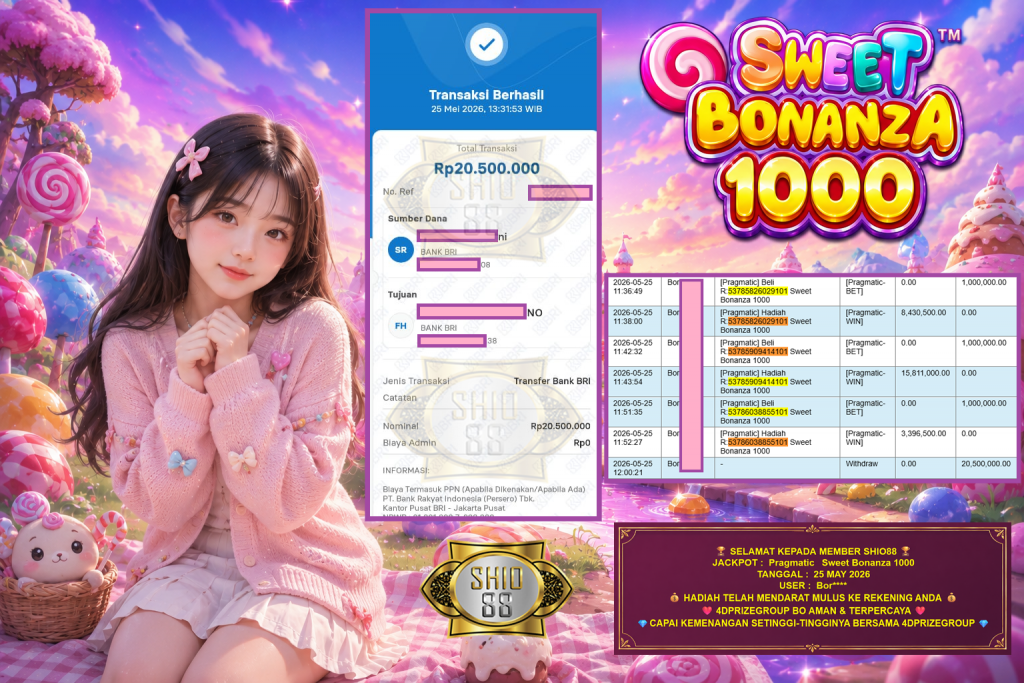 SHIO88 JACKPOT PRAGMATIC ” Sweet Bonanza 1000 ” Rp 20.500.000,- LUNAS