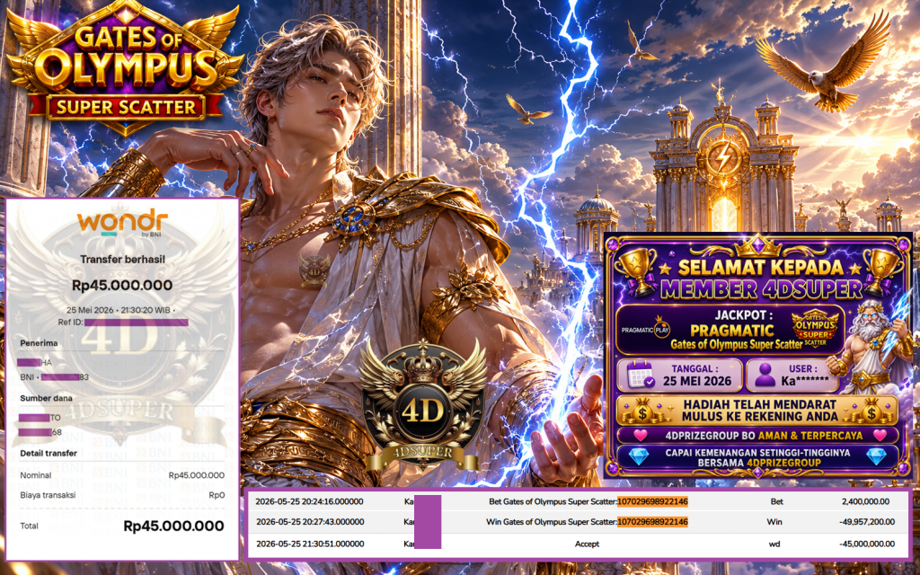 4DSUPER JACKPOT PRAGMATIC “Gates of Olympus Super Scatter”‎‏‏‎‎ Rp45.000.000,- LUNAS