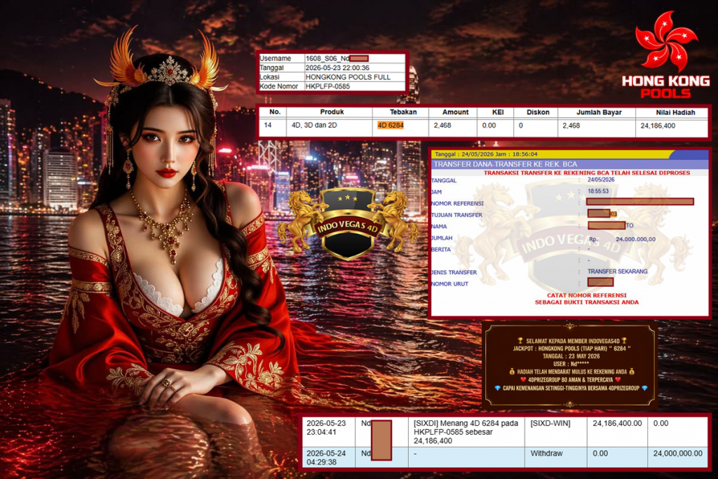 INDOVEGAS4D JACKPOT HONGKONG POOLS (TIAP HARI) ” 6284 ” Rp 24.000.000,- LUNAS
