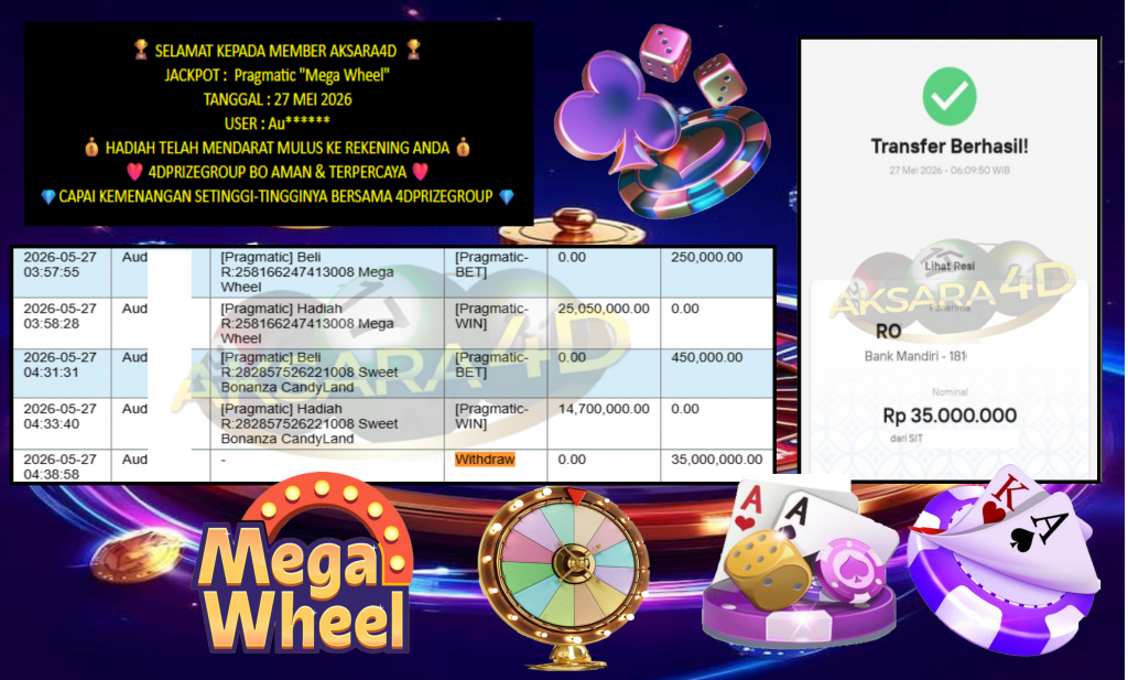 AKSARA4D JACKPOT PRAGMATIC “Mega Wheel”‎‏‏‎‎ Rp35.000.000,- LUNAS