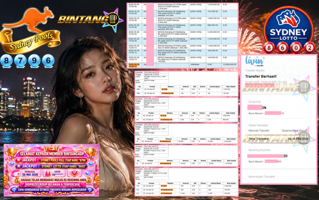 BINTANG4DP JACKPOT SYDNEY POOLS FULL (TIAP HARI) “8796” & SYDNEY LOTTO (TIAP HARI) “8602”‎‏‏‎ Rp13.800.000,- LUNAS
