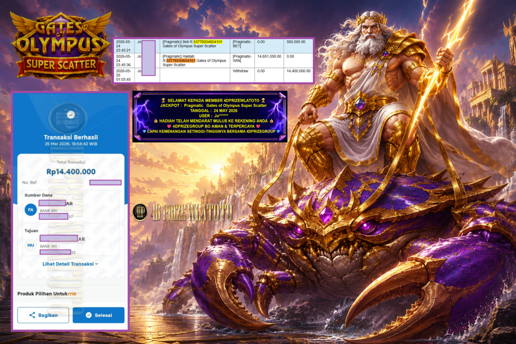 4DPRIZEWLATOTO JACKPOT PRAGMATIC ” Gates of Olympus Super Scatter ” Rp 14.400.000,- LUNAS