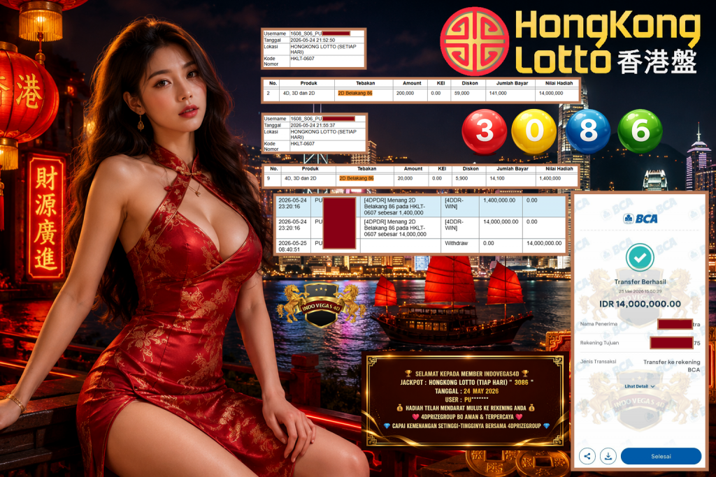 INDOVEGAS4D JACKPOT HONGKONG LOTTO (TIAP HARI) ” 3086 ” Rp 14.000.000,- LUNAS