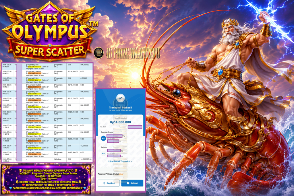 4DPRIZEWLATOTO JACKPOT PRAGMATIC ” Gates of Olympus Super Scatter ” Rp 14.000.000,- LUNAS