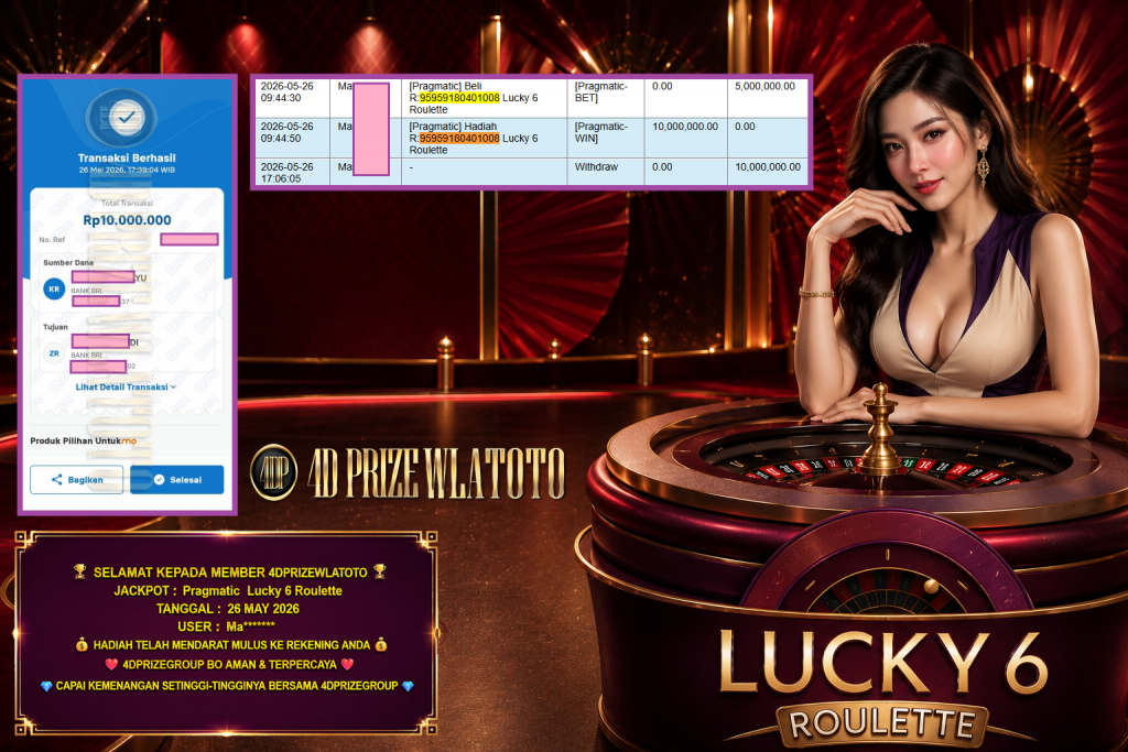 4DPRIZEWLATOTO JACKPOT PRAGMATIC LIVE GAME ” Lucky 6 Roulette ” ‎‏‏‎Rp 10.000.000,- LUNAS