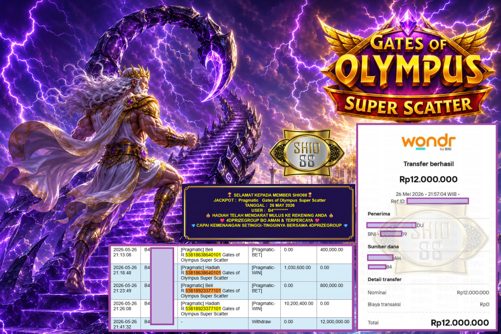 SHIO88 JACKPOT PRAGMATIC ” Gates of Olympus Super Scatter ” Rp 12.000.000,- LUNAS