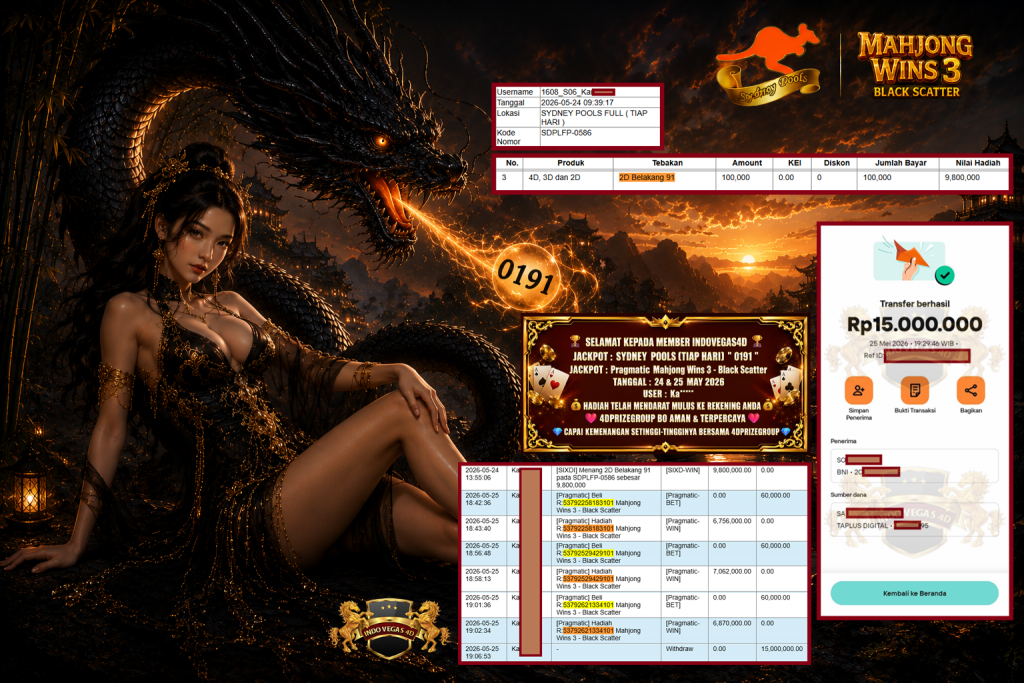 INDOVEGAS4D JACKPOT SYDNEY POOLS (TIAP HARI) ” 0191 ” & Pragmatic Mahjong Wins 3 – Black Scatter Rp 15.000.000,- LUNAS