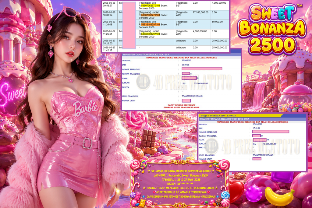 4DPRIZEWLATOTO JACKPOT PRAGMATIC ” Sweet Bonanza 2500 ” Rp 50.000.000,- LUNAS