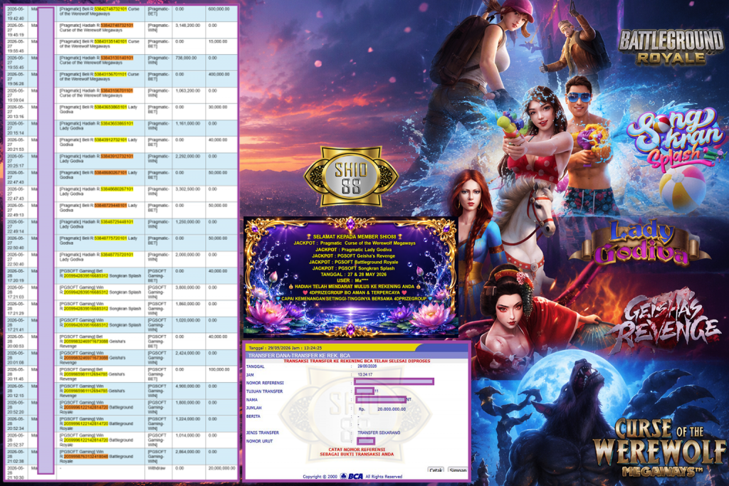 SHIO88 JACKPOT PRAGMATIC ” Curse of the Werewolf Megaways , Lady Godiva & PGSOFT Gaming ” Geisha’s Revenge , Battleground Royale , Songkran Splash ” Rp 20.000.000,- LUNAS