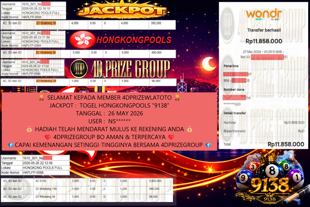 4DPRIZEWLATOTO TOGEL HONGKONGPOOLS “9138” Rp 11,858,000,- LUNAS