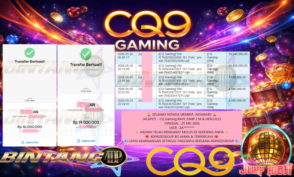 BINTANG4DP JACKPOT CQ Gaming “RAVE JUMP 2 M & HERCULES” Rp35.000.000,- LUNAS