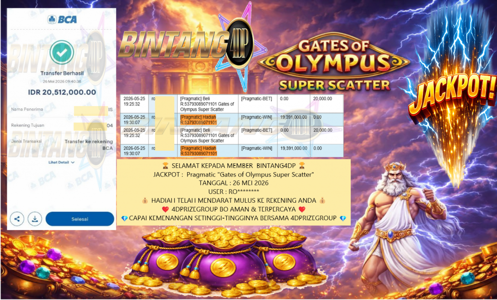 BINTANG4DP JACKPOT Pragmatic “Gates of Olympus Super Scatter” Rp20.512.000,- LUNAS