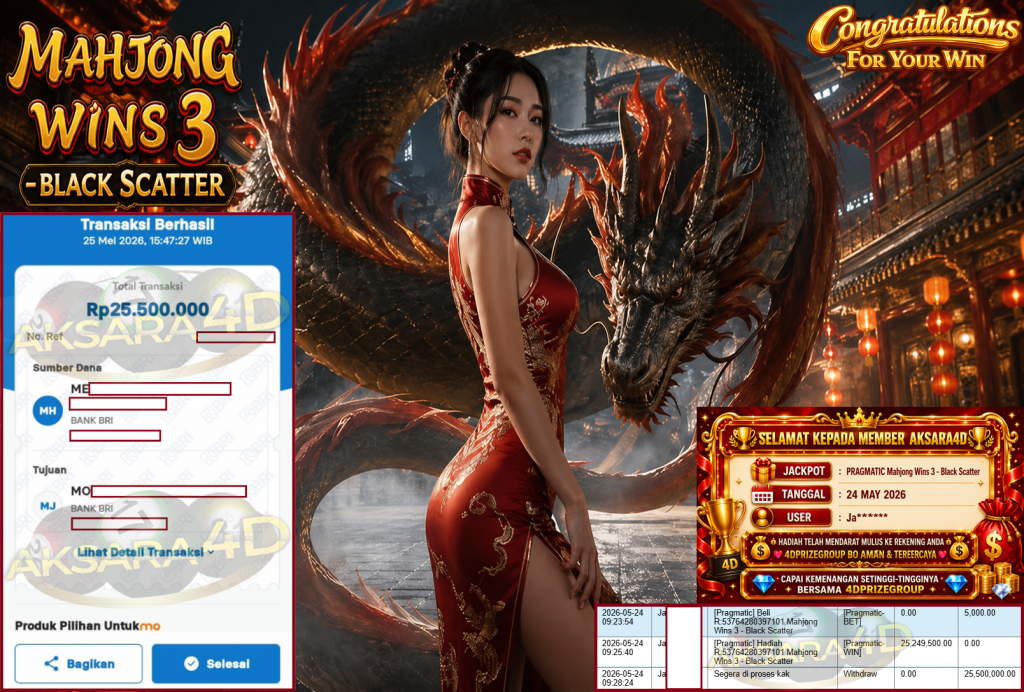 AKSARA4D JACKPOT PRAGMATIC ” Mahjong Wins 3 – Black Scatter ” Rp 25,500,000,- LUNAS