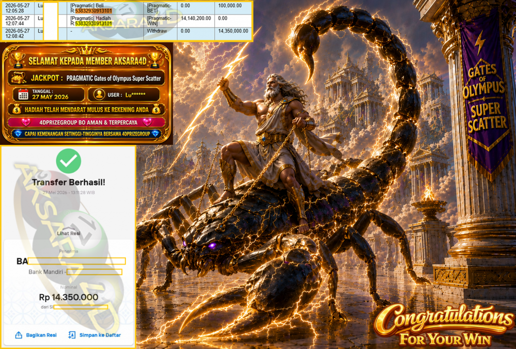 AKSARA4D JACKPOT PRAGMATIC ” Gates of Olympus Super Scatter ” Rp 14,350,000,- LUNAS