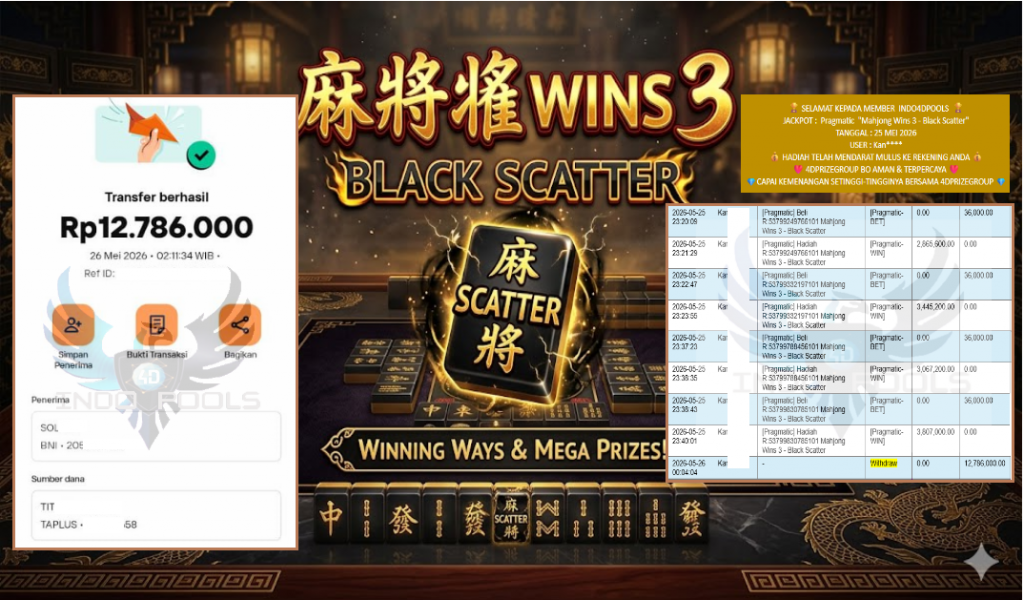 INDO4DPOOLS JACKPOT Pragmatic “Mahjong Wins 3 – Black Scatter” Rp12.786.000,- LUNAS