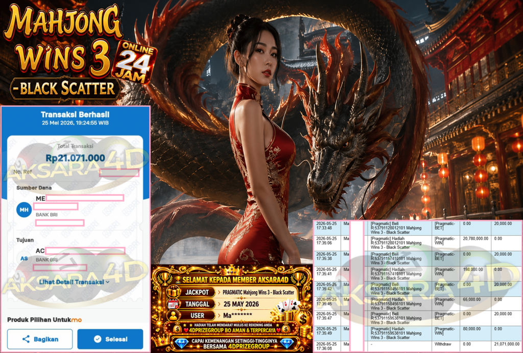 AKSARA4D JACKPOT PRAGMATIC ” Mahjong Wins 3 – Black Scatter ” Rp 21,071,000,- LUNAS