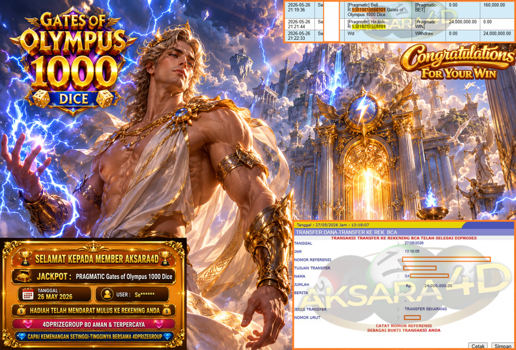 AKSARA4D JACKPOT PRAGMATIC ” Gates of Olympus 1000 Dice ” Rp 24,000,000,- LUNAS