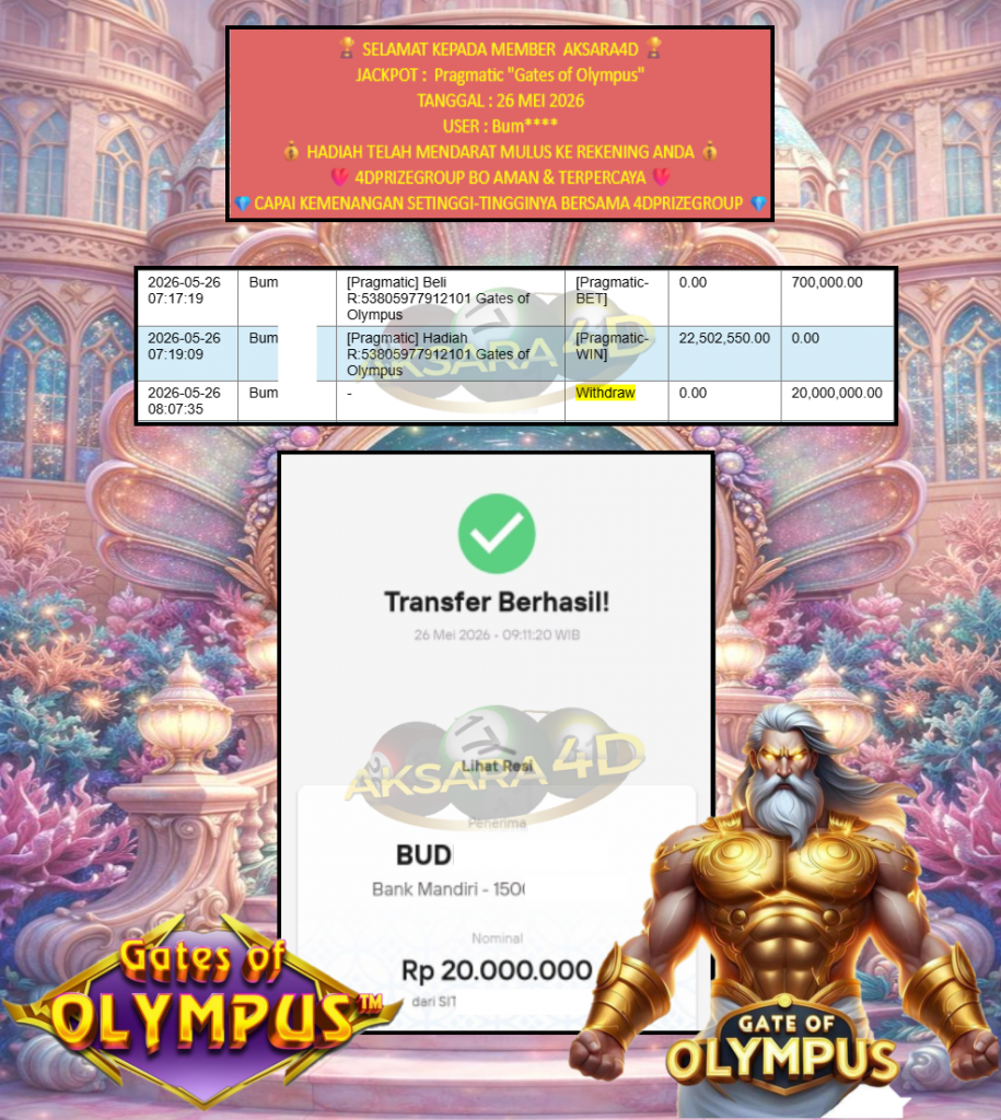 AKSARA4D JACKPOT PRAGMATIC “Gates of Olympus”‎‏‏‎‎ Rp20.000.000,- LUNAS