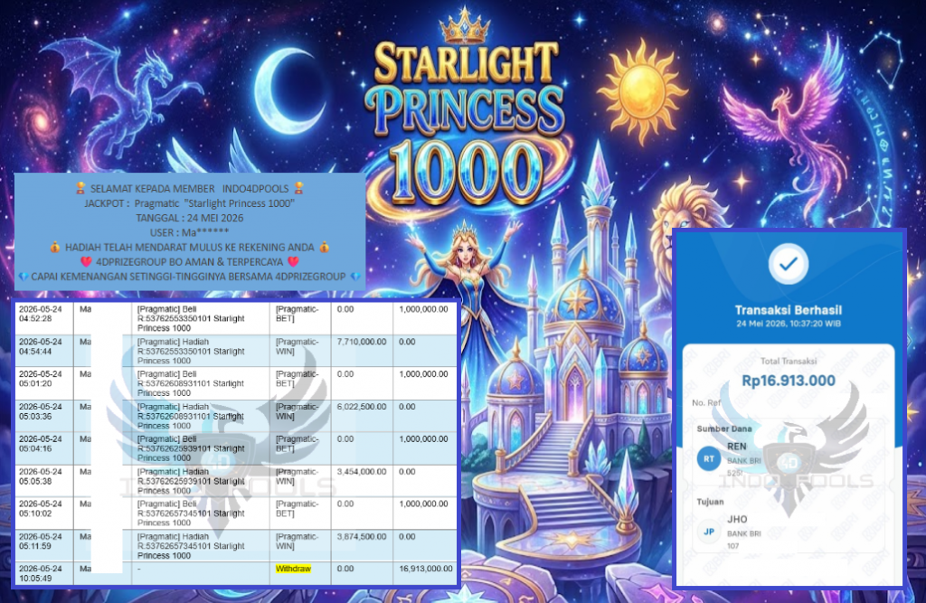 INDO4DPOOLS JACKPOT Pragmatic “Starlight Princess 1000” ‎‎‏‏‎‎‏‏Rp16.913.000,- LUNAS