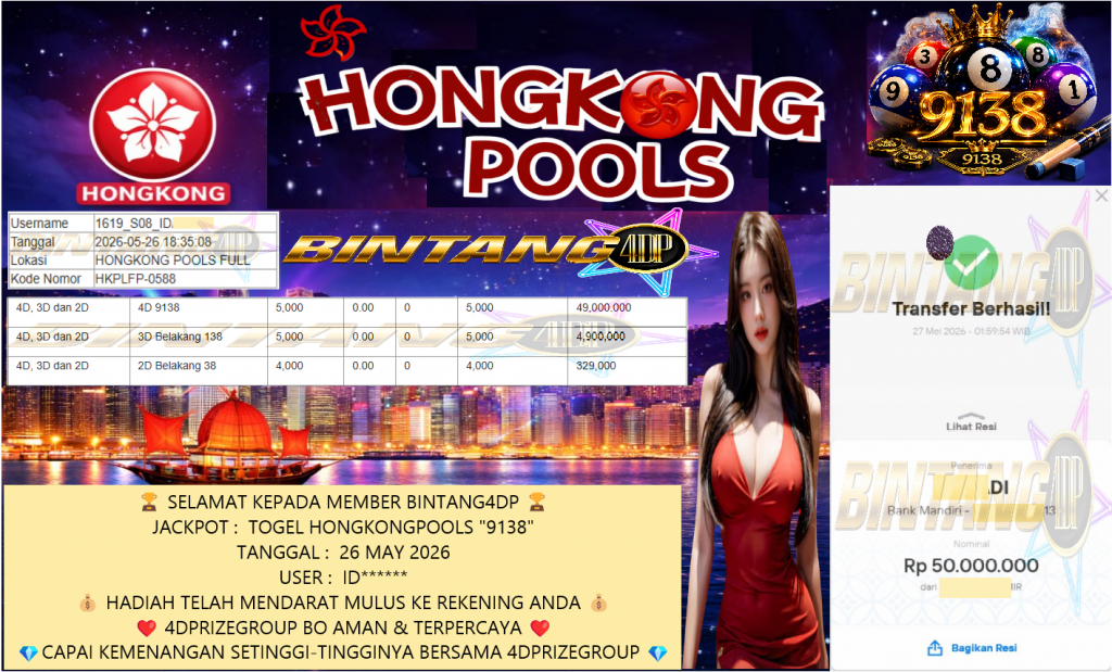 BINTANG4DP JACKPOT TOGEL HONGKONGPOOLS “9138” Rp 50,000,000,- LUNAS