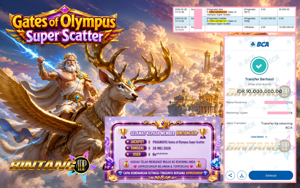 BINTANG4DP JACKPOT PRAGMATIC “Gates of Olympus Super Scatter”‎‏‏‎‎ Rp10.000.000,- LUNAS