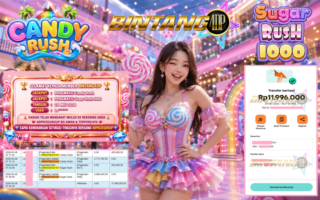BINTANG4DP JACKPOT PRAGMATIC “Candy Rush” & “Sugar Rush 1000″‎‏‏‎‎ Rp11.996.000,- LUNAS