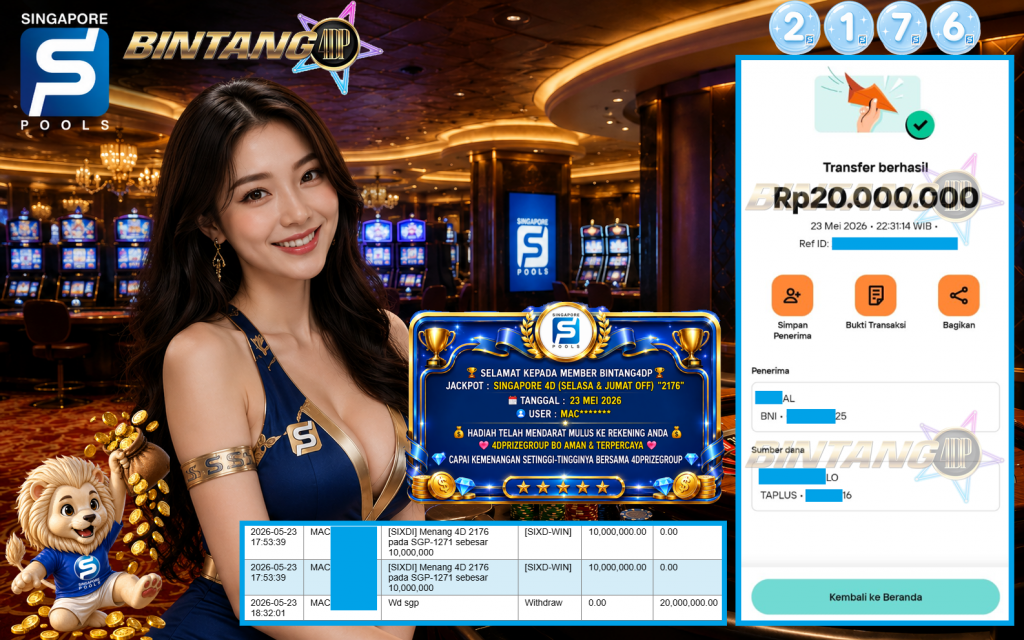 BINTANG4DP JACKPOT SINGAPORE 4D (SELASA & JUMAT OFF) “2176”‎‏‏‎ Rp20.000.000,- LUNAS