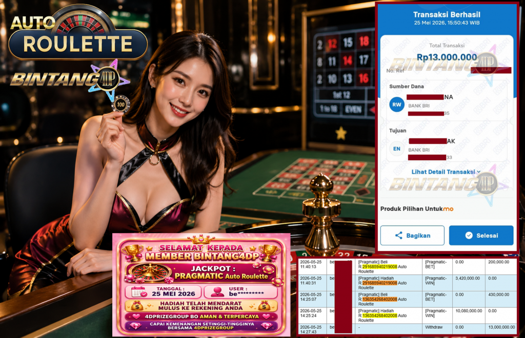 BINTANG4DP JACKPOT PRAGMATIC “Auto Roulette”‎‏‏‎‎ Rp13.000.000,- LUNAS