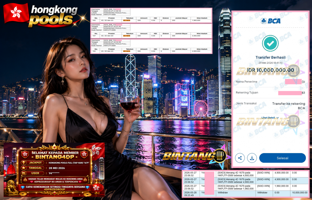 BINTANG4DP JACKPOT HONGKONG POOLS FULL (TIAP HARI) “1679”‎‏‏‎‎ Rp10.000.000,- LUNAS