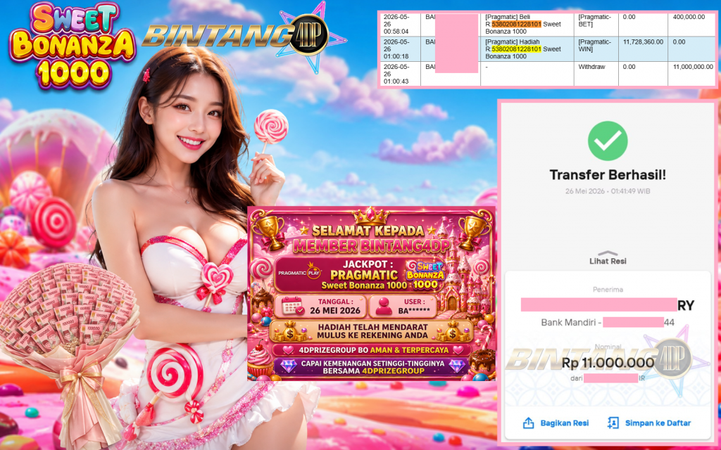 BINTANG4DP JACKPOT PRAGMATIC “Sweet Bonanza 1000″‎‏‏‎‎ Rp11.000.000,- LUNAS