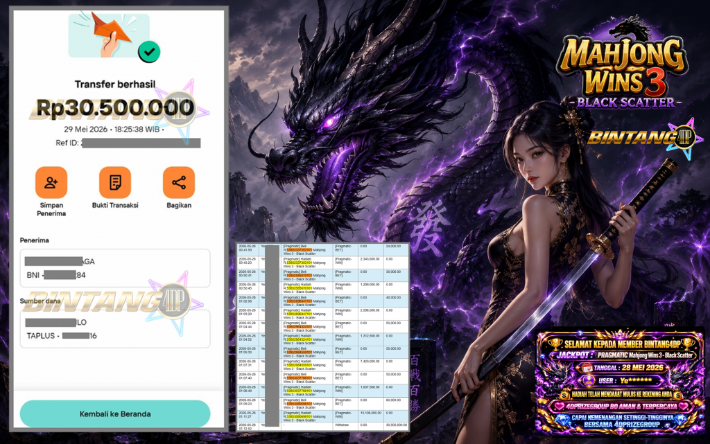 BINTANG4DP JACKPOT PRAGMATIC “Mahjong Wins 3 – Black Scatter”‎‏‏‎‎ Rp30.500.000,- LUNAS