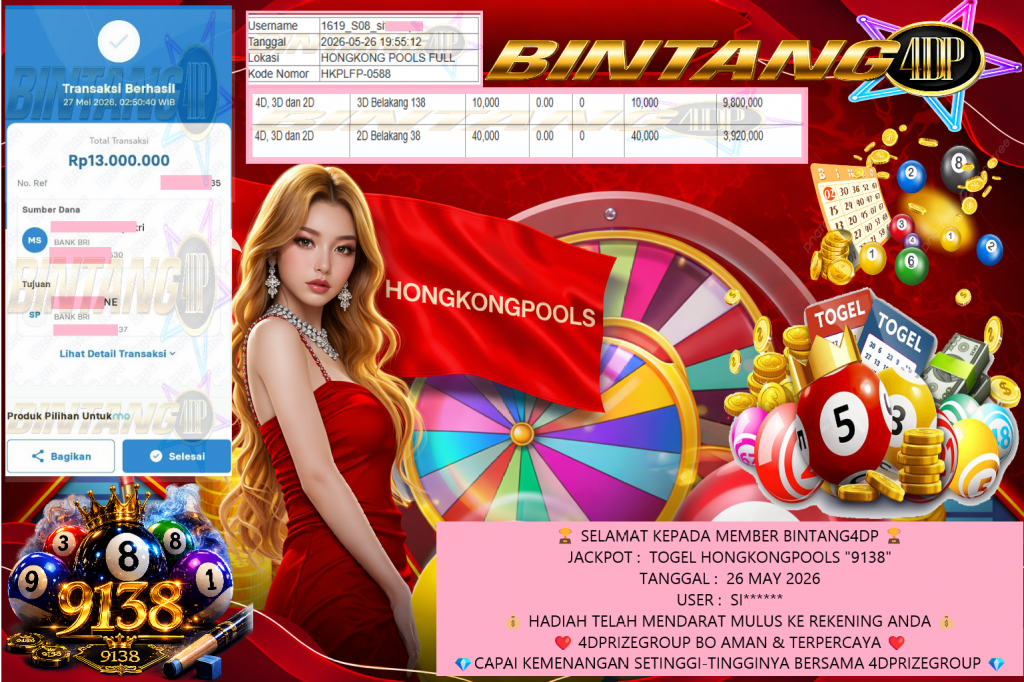 BINTANG4DP JACKPOT TOGEL HONGKONGPOOLS “9138” Rp 13,000,000,- LUNAS