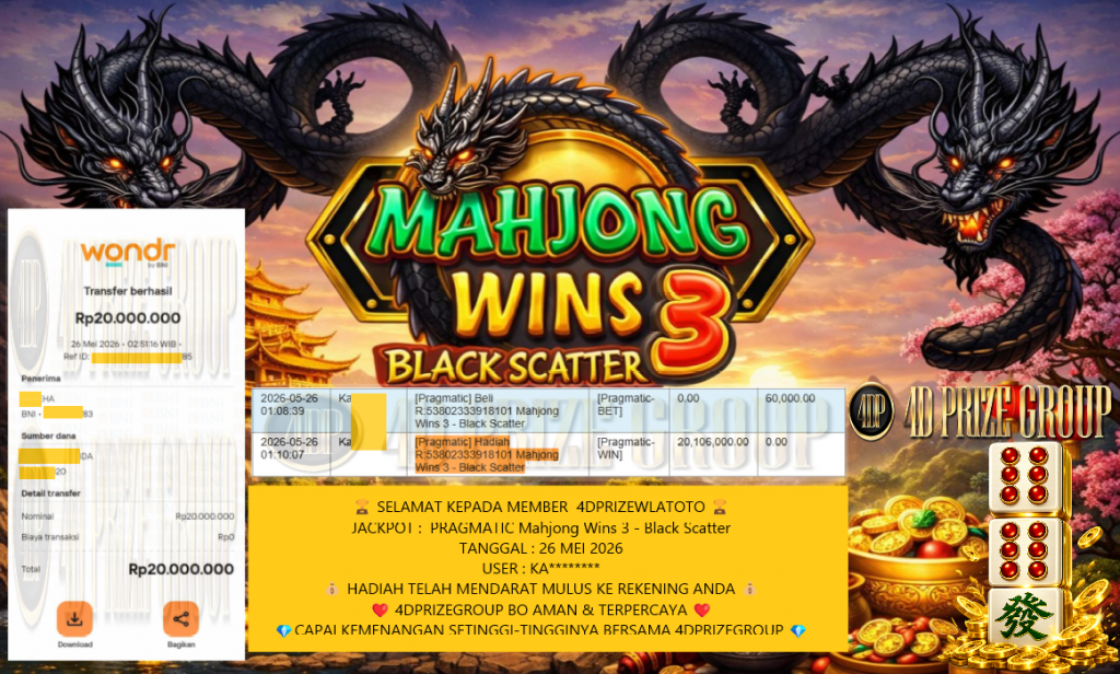 4DPRIZEWLATOTO JACKPOT PRAGMATIC Mahjong Wins 3 – Black Scatter Rp20.000.000,- LUNAS