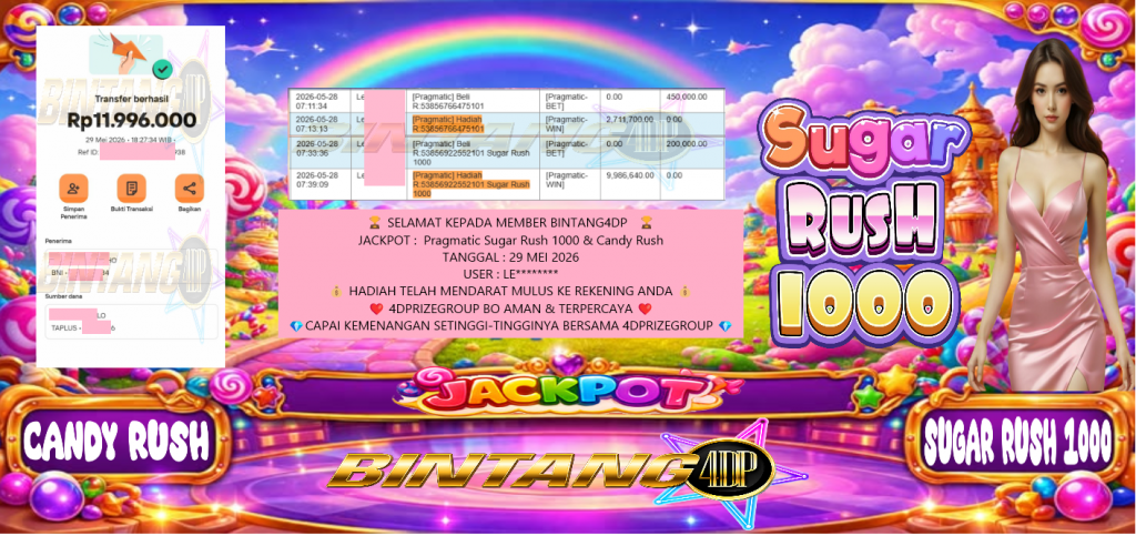 BINTANG4DP JACKPOT PRAGMATIC ” Pragmatic Sugar Rush 1000 & Candy Rush ” Rp 11,996,000,- LUNAS
