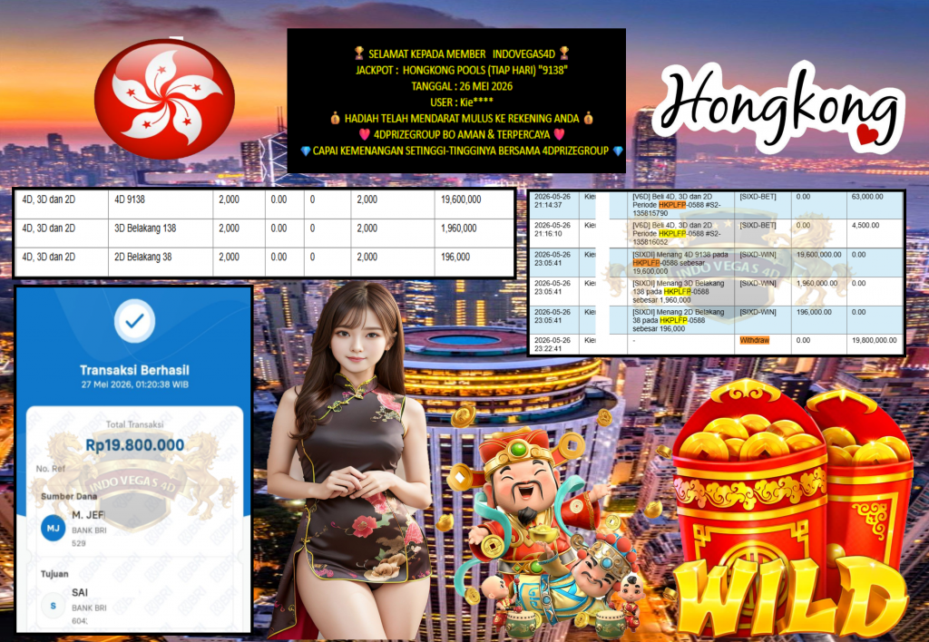 INDOVEGAS4D JACKPOT HONGKONG POOLS (TIAP HARI) “9138” Rp19.800.000,- LUNAS