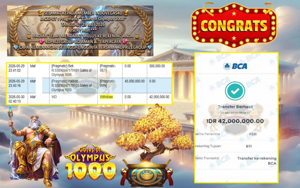INDOVEGAS4D JACKPOT Pragmatic ” Gates of Olympus 1000″ Rp42.000.000,- LUNAS