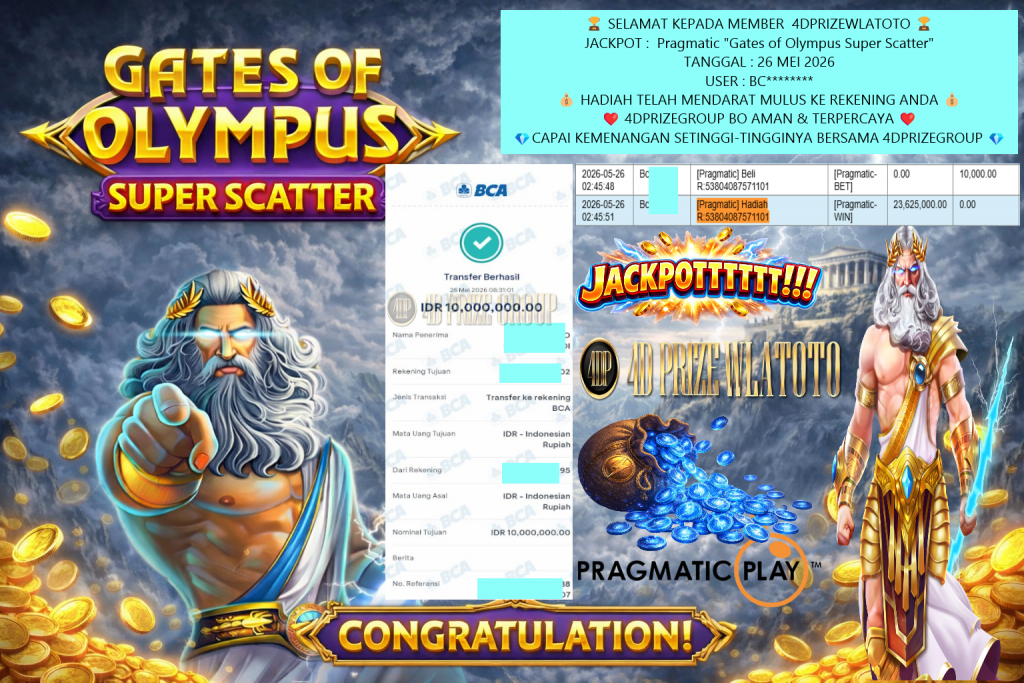 4DPRIZEWLATOTO JACKPOT Pragmatic “Gates of Olympus Super Scatter” Rp 23.000.000,- LUNAS