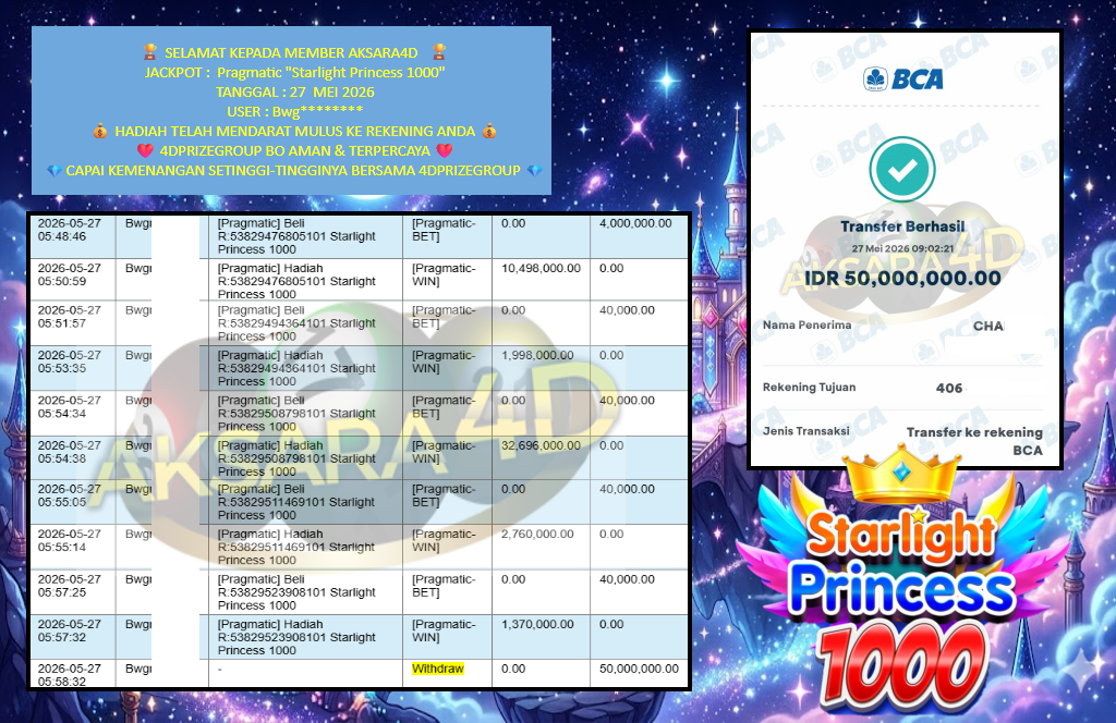 AKSARA4D JACKPOT PRAGMATIC “Starlight Princess 1000″‎‏‏‎‎ Rp50.000.000,- LUNAS