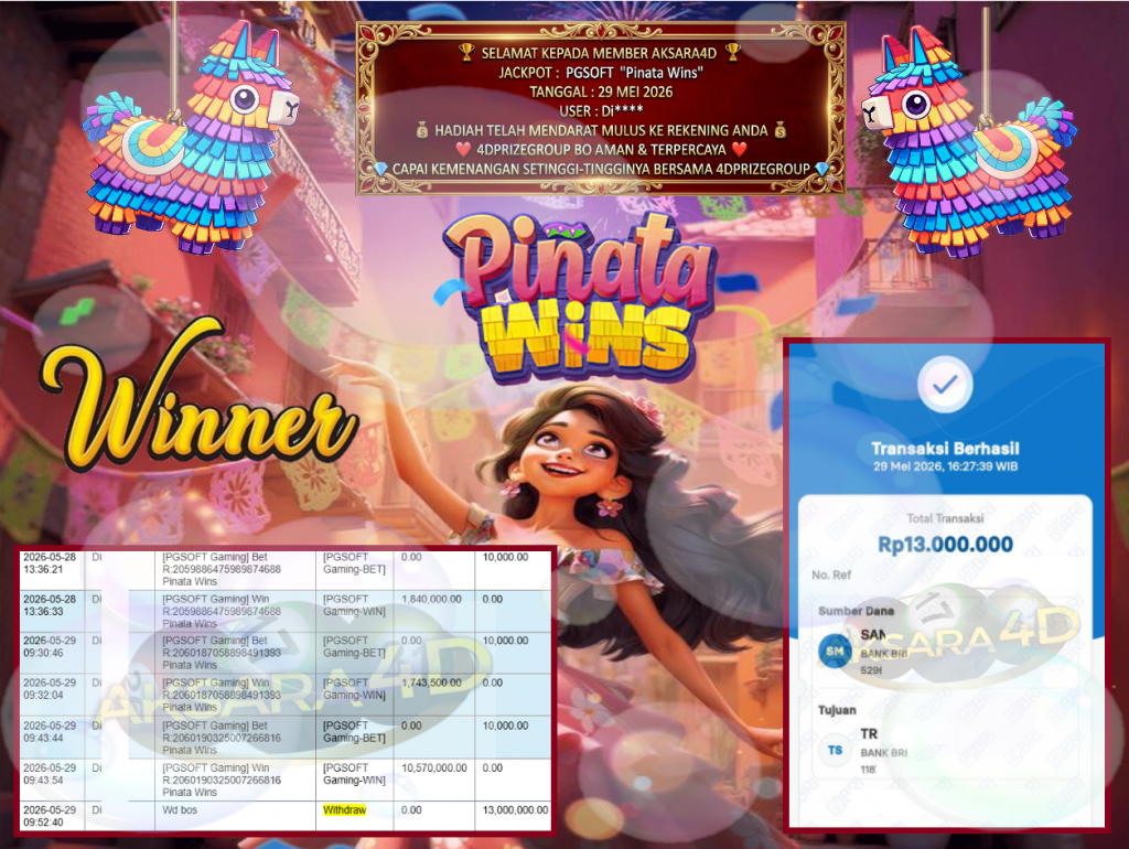 AKSARA4D JACKPOT PGSOFT “Pinata Wins” Rp13.000.000,- LUNAS