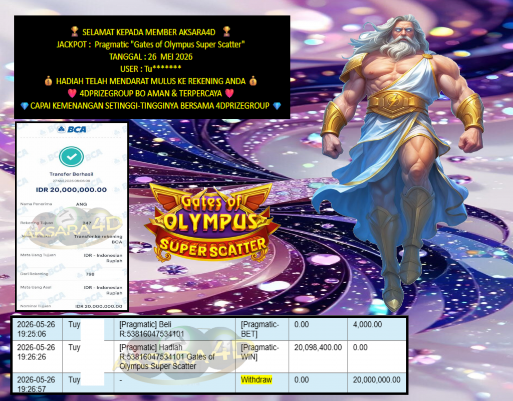 AKSARA4D JACKPOT PRAGMATIC “Gates of Olympus Super Scatter”‎‏‏‎‎ Rp20.000.000,- LUNAS