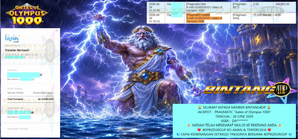 BINTANG4DP JACKPOT PRAGMATIC ” Gates of Olympus 1000 ” Rp 14,500,000,- LUNAS
