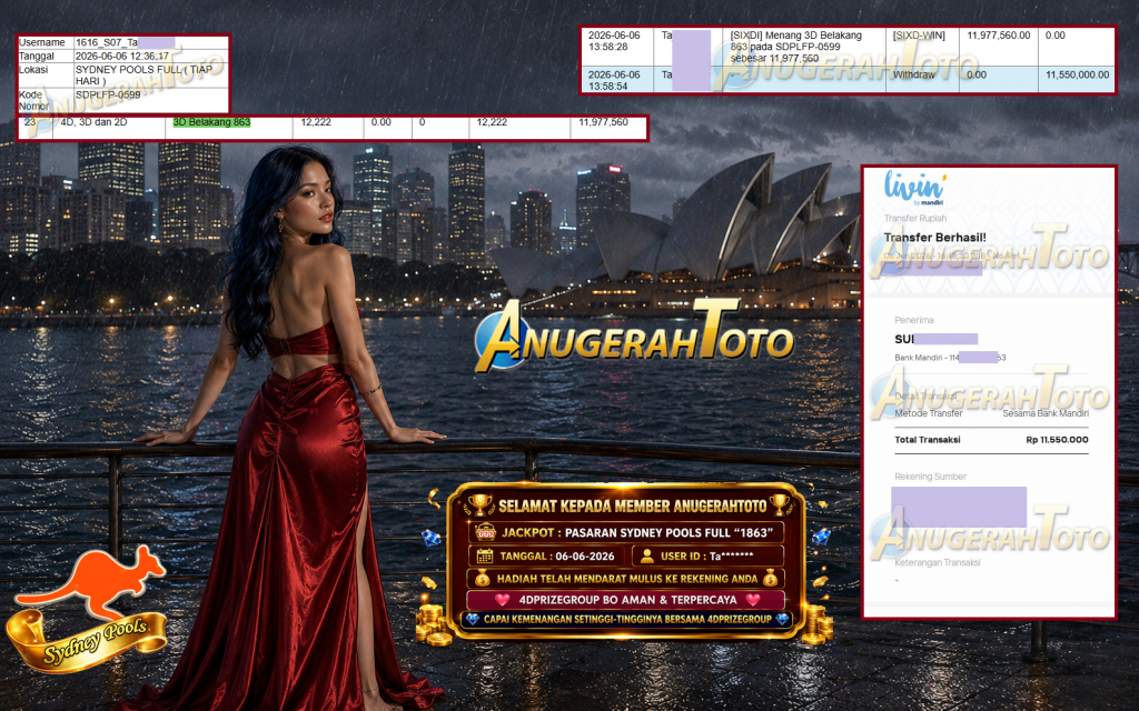 ANUGERAHTOTO JACKPOT PASARAN SYDNEY POOLS FULL “1863” Rp 11.550.000,- LUNAS