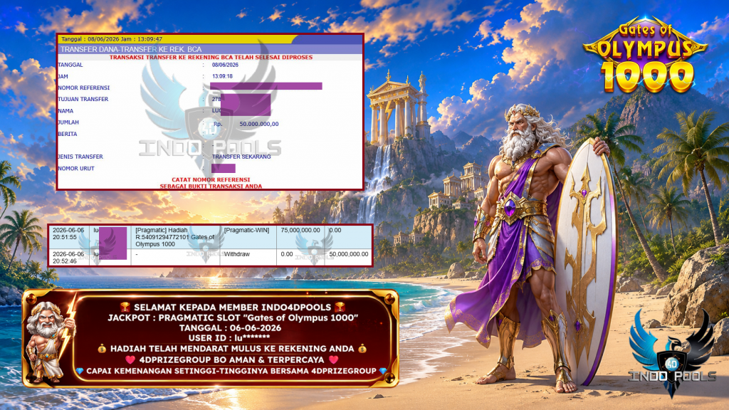 INDO4DPOOLS JACKPOT PRAGMATIC SLOT “Gates of Olympus 1000” Rp 65.000.000,- LUNAS