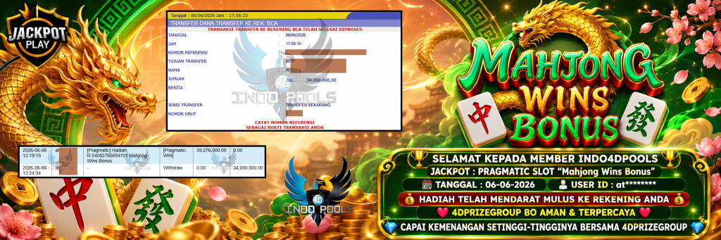 INDO4DPOOLS JACKPOT PRAGMATIC SLOT “Mahjong Wins Bonus” Rp 34.000.000,- LUNAS