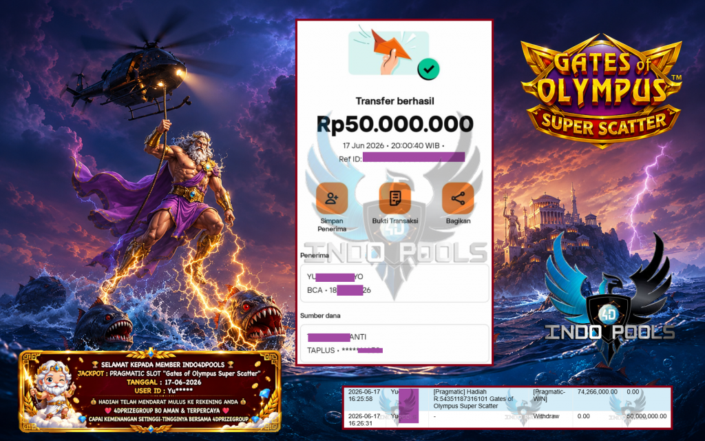 INDO4DPOOLS JACKPOT PRAGMATIC SLOT “Gates of Olympus Super Scatter” Rp 50.000.000,- LUNAS