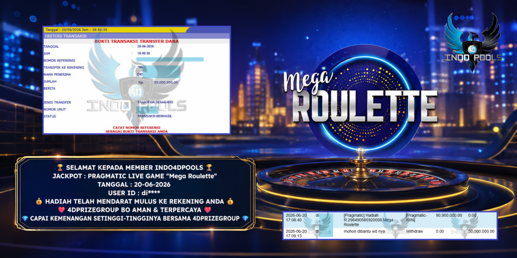 INDO4DPOOLS JACKPOT PRAGMATIC LIVE GAME “Mega Roulette” Rp 63.000.000,- LUNAS