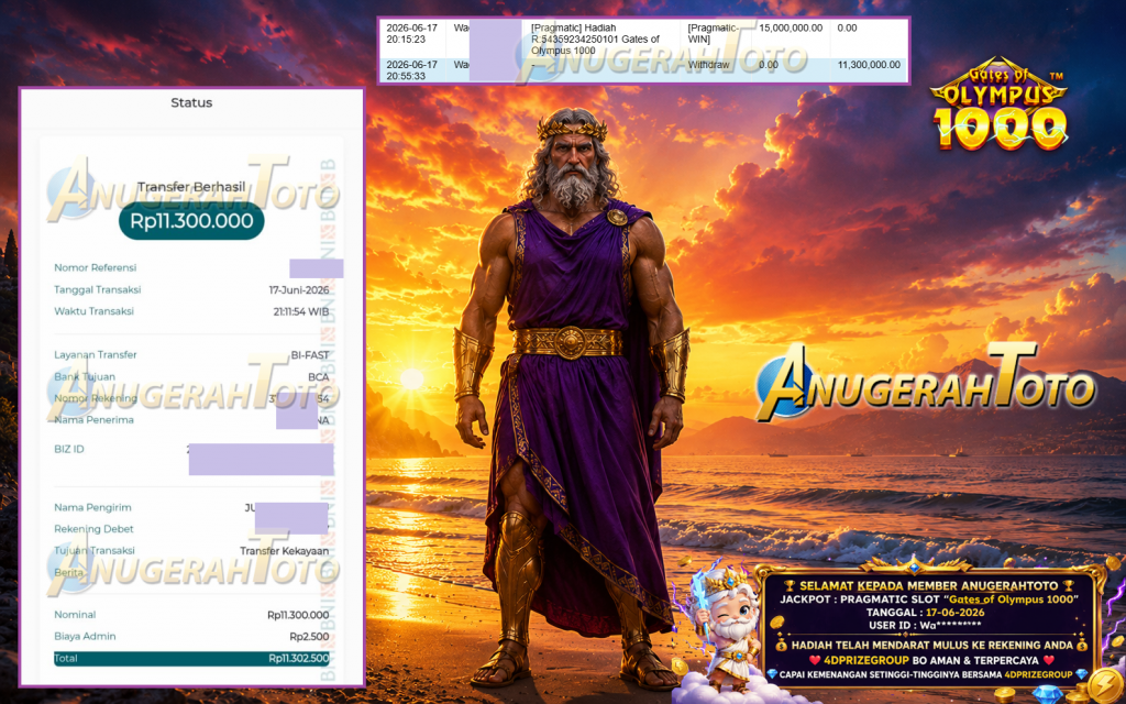 ANUGERAHTOTO JACKPOT PRAGMATIC SLOT “Gates of Olympus 1000” Rp 11.300.000,- LUNAS