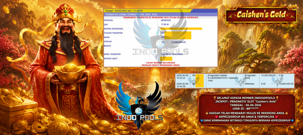 INDO4DPOOLS JACKPOT PRAGMATIC SLOT “Caishen’s Gold” Rp 15.000.000,- LUNAS