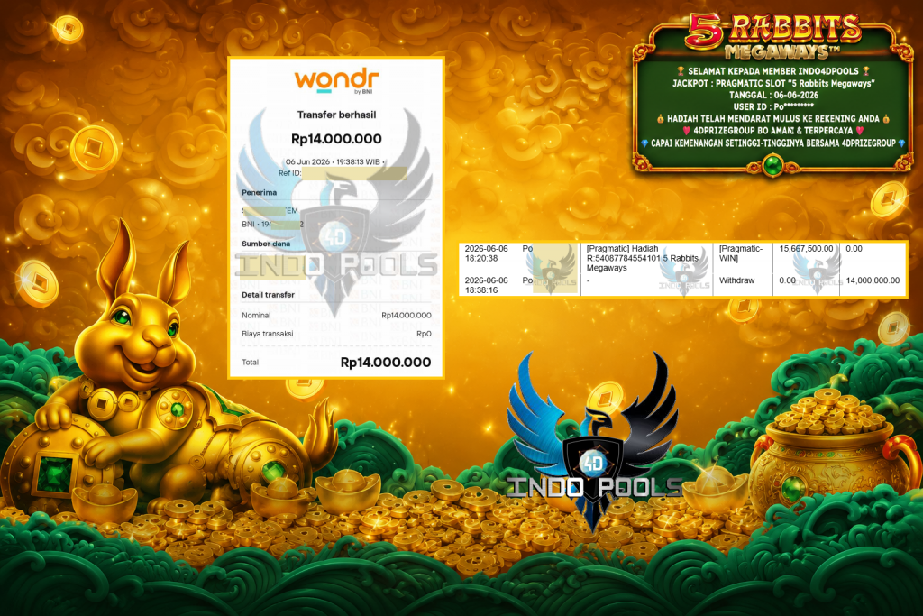INDO4DPOOLS JACKPOT PRAGMATIC SLOT “5 Rabbits Megaways” Rp 14.000.000,- LUNAS
