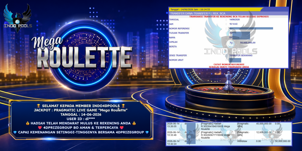 INDO4DPOOLS JACKPOT PRAGMATIC LIVE GAME “Mega Roulette” Rp 50.000.000,- LUNAS
